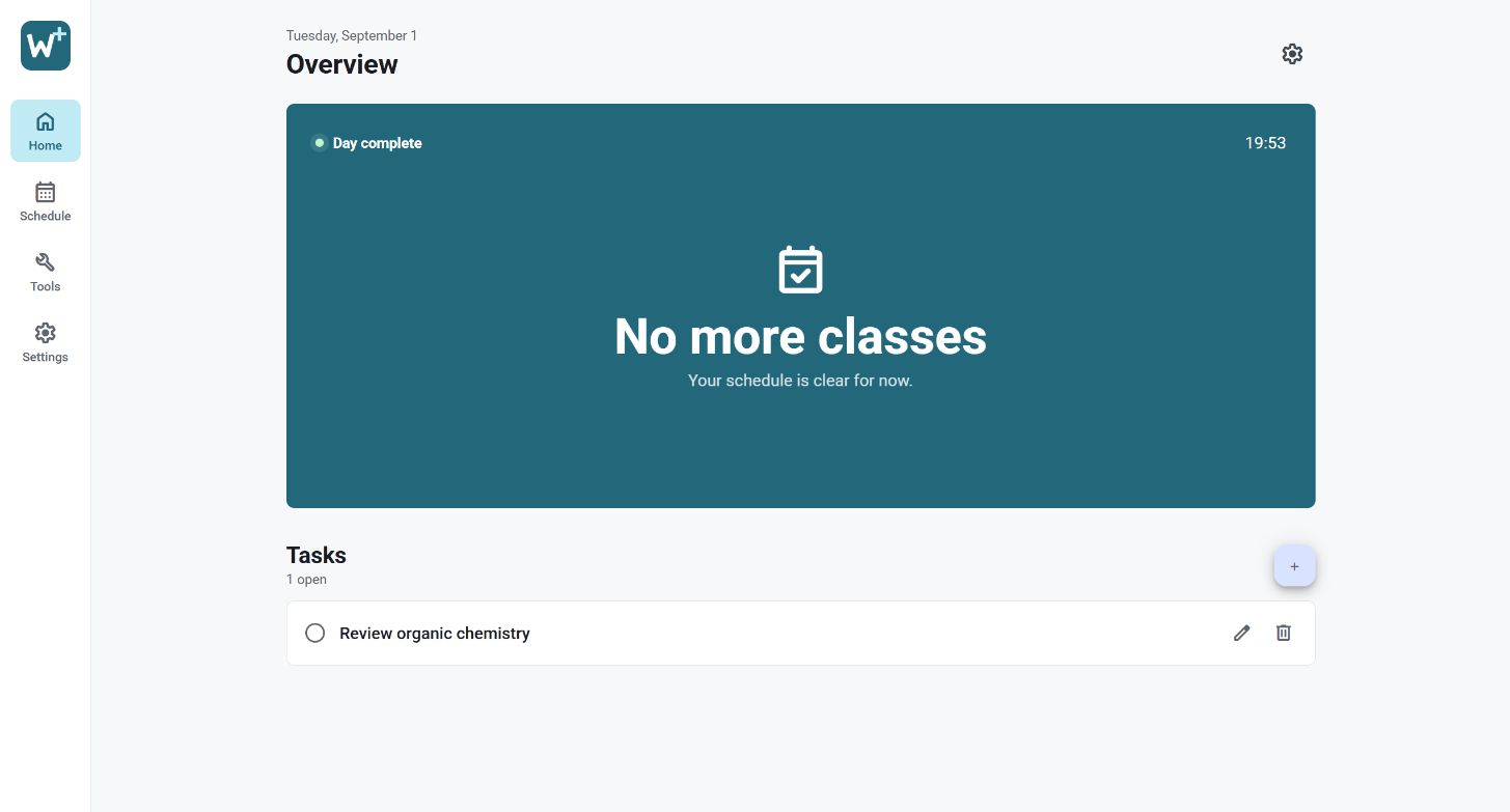 WLSAPlus overview showing the current class panel and task list